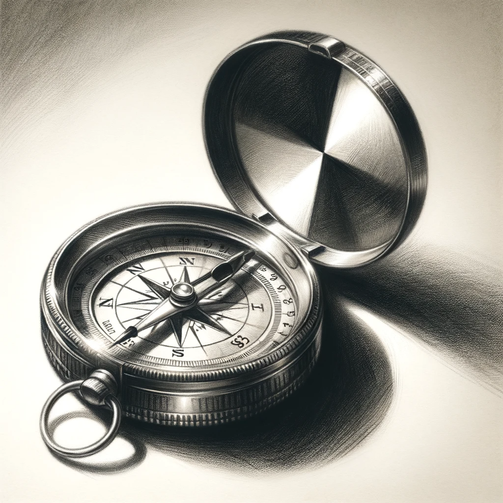 a charcoal drawing of a pocket compass