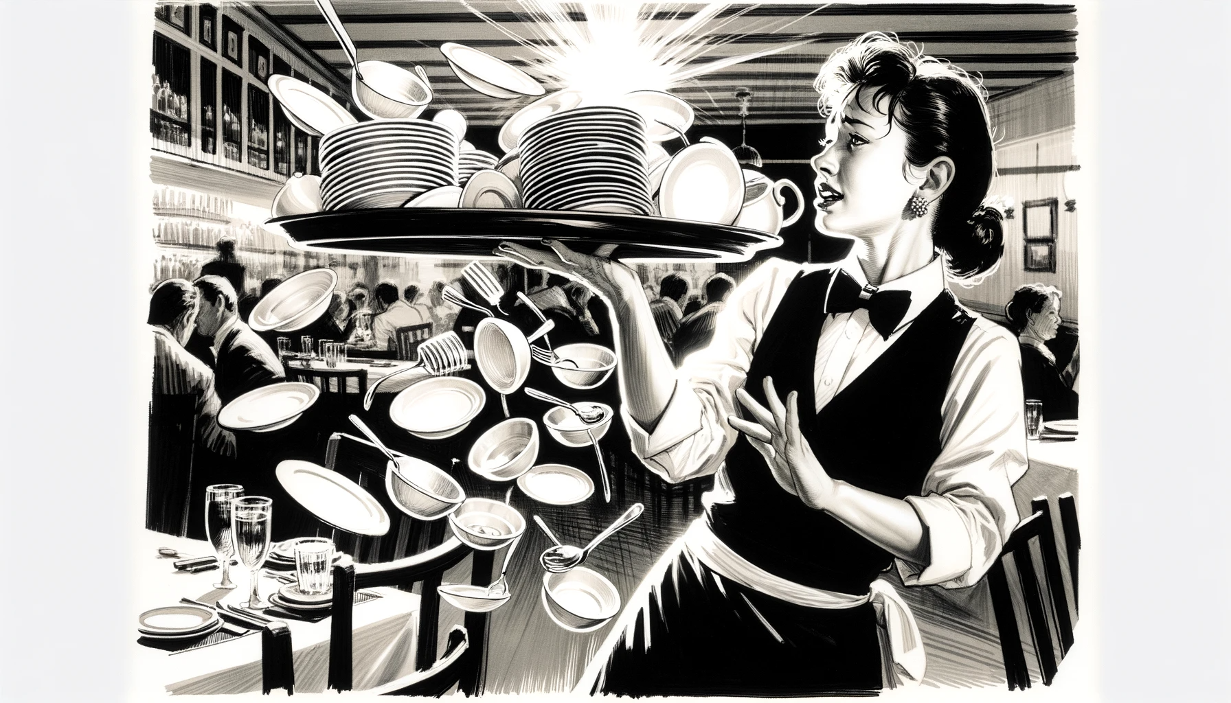 a young waiter carrying a tray and all the dishes fall
